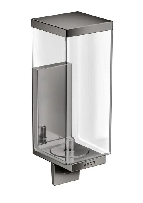 Transparenter Lotionenspender mit polierter schwarzer Chromoberfläche, an der Wand montiert, mit brandmarkierter Fläche von AXOR.